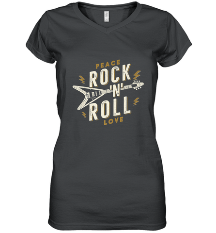 Peace Rock and Roll Love Music Guitar Retro Hippie Women's V-Neck T-Shirt Women's V-Neck T-Shirt / Black / S Women's V-Neck T-Shirt - FordPhuMy