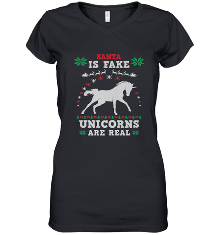 Santa Is Fake Unicorns Are Real Cute Ugly Christmas Sweater Women's V-Neck T-Shirt Women's V-Neck T-Shirt / Black / S Women's V-Neck T-Shirt - FordPhuMy