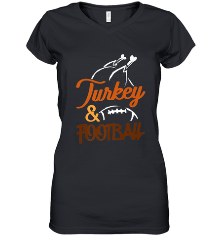 Turkey And Football Thanksgiving Day Football Fan Holiday Women's V-Neck T-Shirt Women's V-Neck T-Shirt / Black / S Women's V-Neck T-Shirt - FordPhuMy