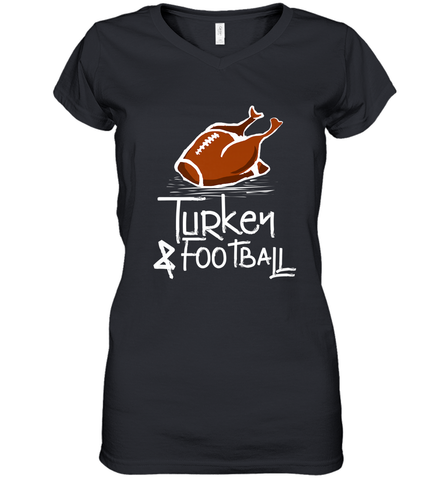 Turkey And Football Thanksgiving Day Football Fan Holiday Gift Women's V-Neck T-Shirt Women's V-Neck T-Shirt / Black / S Women's V-Neck T-Shirt - FordPhuMy