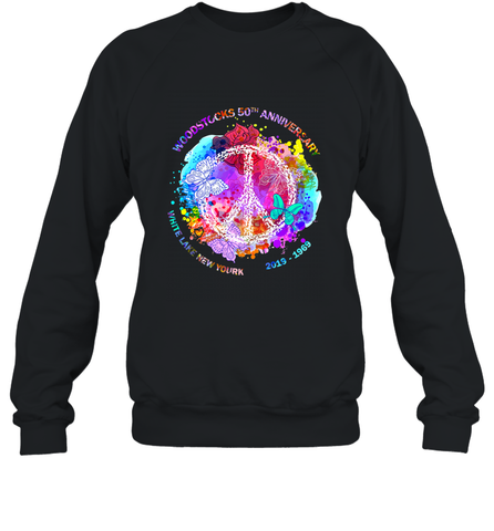 Woodstocks 50th Anniversary Peace Love tee Crewneck Sweatshirt Crewneck Sweatshirt / Black / S Crewneck Sweatshirt - FordPhuMy