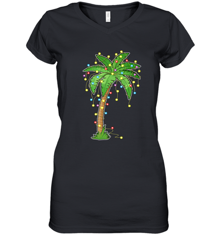 Christmas Lights Palm Tree Beach Funny Tropical Xmas Gift Women's V-Neck T-Shirt Women's V-Neck T-Shirt / Black / S Women's V-Neck T-Shirt - FordPhuMy