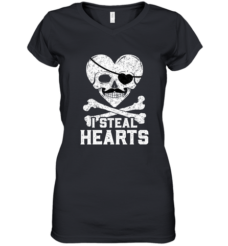 I Steal Hearts Valentine's Day Pirate Skull Art Graphics Women's V-Neck T-Shirt Women's V-Neck T-Shirt / Black / S Women's V-Neck T-Shirt - FordPhuMy