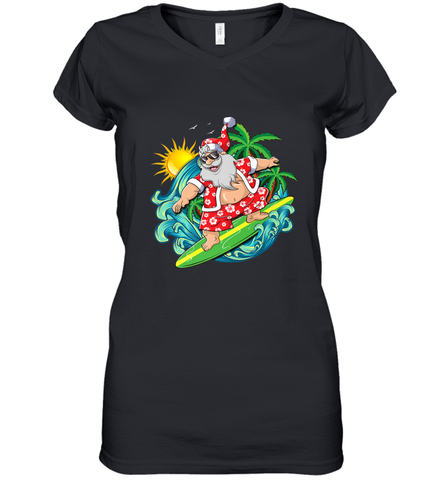 Christmas in July Santa Claus Hawaiian Surfing Gift Surf Women's V-Neck T-Shirt Women's V-Neck T-Shirt / Black / S Women's V-Neck T-Shirt - FordPhuMy