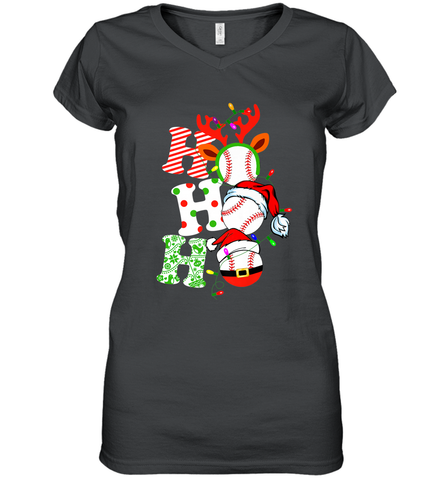 HO HO HO Baseball Santa Hat Christmas Women's V-Neck T-Shirt Women's V-Neck T-Shirt / Black / S Women's V-Neck T-Shirt - FordPhuMy