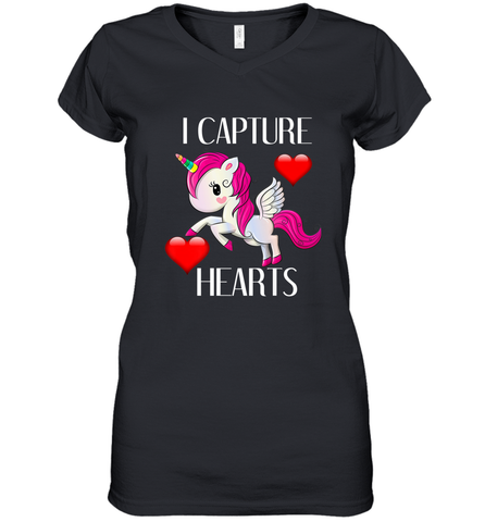 Girls Valentine's Day Unicorn I Capture Hearts Kids Gift Women's V-Neck T-Shirt Women's V-Neck T-Shirt / Black / S Women's V-Neck T-Shirt - FordPhuMy