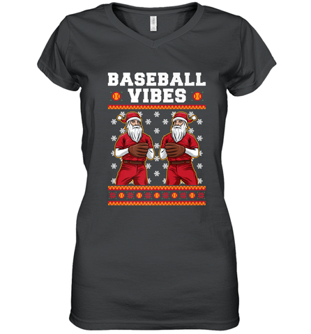 Baseball Vibes Christmas Baseball Player Santa Gift Holiday Women's V-Neck T-Shirt Women's V-Neck T-Shirt / Black / S Women's V-Neck T-Shirt - FordPhuMy