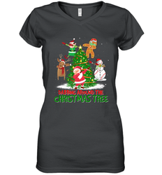Dabbing Around Christmas Tree Baseball Snowman Santa Women's V-Neck T-Shirt