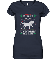 Santa Is Fake Unicorns Are Real Cute Ugly Christmas Sweater Women's V-Neck T-Shirt Women's V-Neck T-Shirt - FordPhuMy