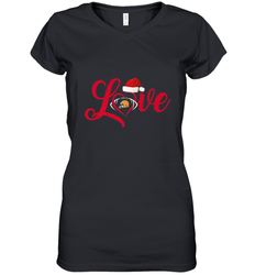 NFL Cleveland Browns Logo Christmas Santa Hat Love Heart Football Team Women's V-Neck T-Shirt