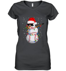 Dabbing Snowman Baseball Christmas Lights Pajama Tee Women's V-Neck T-Shirt