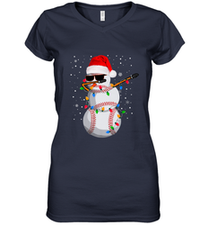 Dabbing Snowman Baseball Christmas Lights Pajama Tee Women's V-Neck T-Shirt