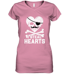 I Steal Hearts Valentine's Day Pirate Skull Art Graphics Women's V-Neck T-Shirt Women's V-Neck T-Shirt - FordPhuMy