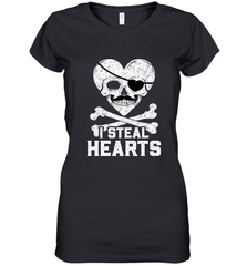 I Steal Hearts Valentine's Day Pirate Skull Art Graphics Women's V-Neck T-Shirt Women's V-Neck T-Shirt - FordPhuMy