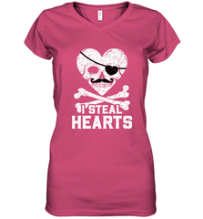I Steal Hearts Valentine's Day Pirate Skull Art Graphics Women's V-Neck T-Shirt Women's V-Neck T-Shirt - FordPhuMy