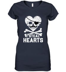 I Steal Hearts Valentine's Day Pirate Skull Art Graphics Women's V-Neck T-Shirt Women's V-Neck T-Shirt - FordPhuMy