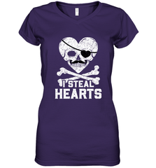 I Steal Hearts Valentine's Day Pirate Skull Art Graphics Women's V-Neck T-Shirt Women's V-Neck T-Shirt - FordPhuMy