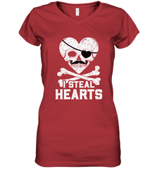 I Steal Hearts Valentine's Day Pirate Skull Art Graphics Women's V-Neck T-Shirt Women's V-Neck T-Shirt - FordPhuMy