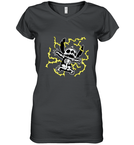 Disney Stitch Skeleton Halloween Women's V-Neck T-Shirt Women's V-Neck T-Shirt / Black / S Women's V-Neck T-Shirt - FordPhuMy