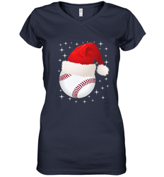 Christmas Stars baseball Ball Santa Hat Funny Sport Xmas Women's V-Neck T-Shirt