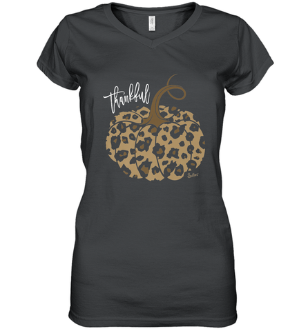 Mens Womens Thankful Pumpkin Fall Leopard Print Women's V-Neck T-Shirt Women's V-Neck T-Shirt / Black / S Women's V-Neck T-Shirt - FordPhuMy